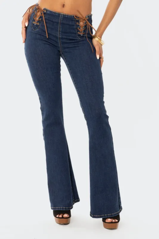 Gini Lace-Up Flared Jeans sold by Edikted