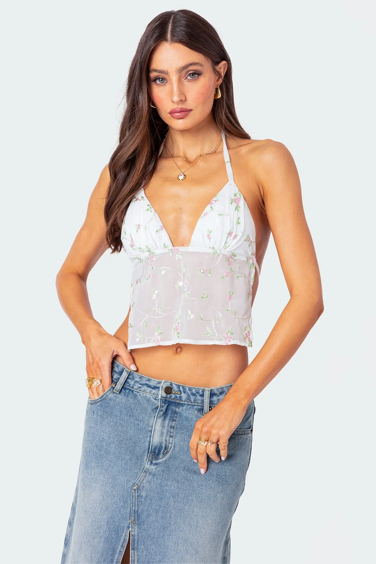 Embroidered Open Back Top sold by Edikted
