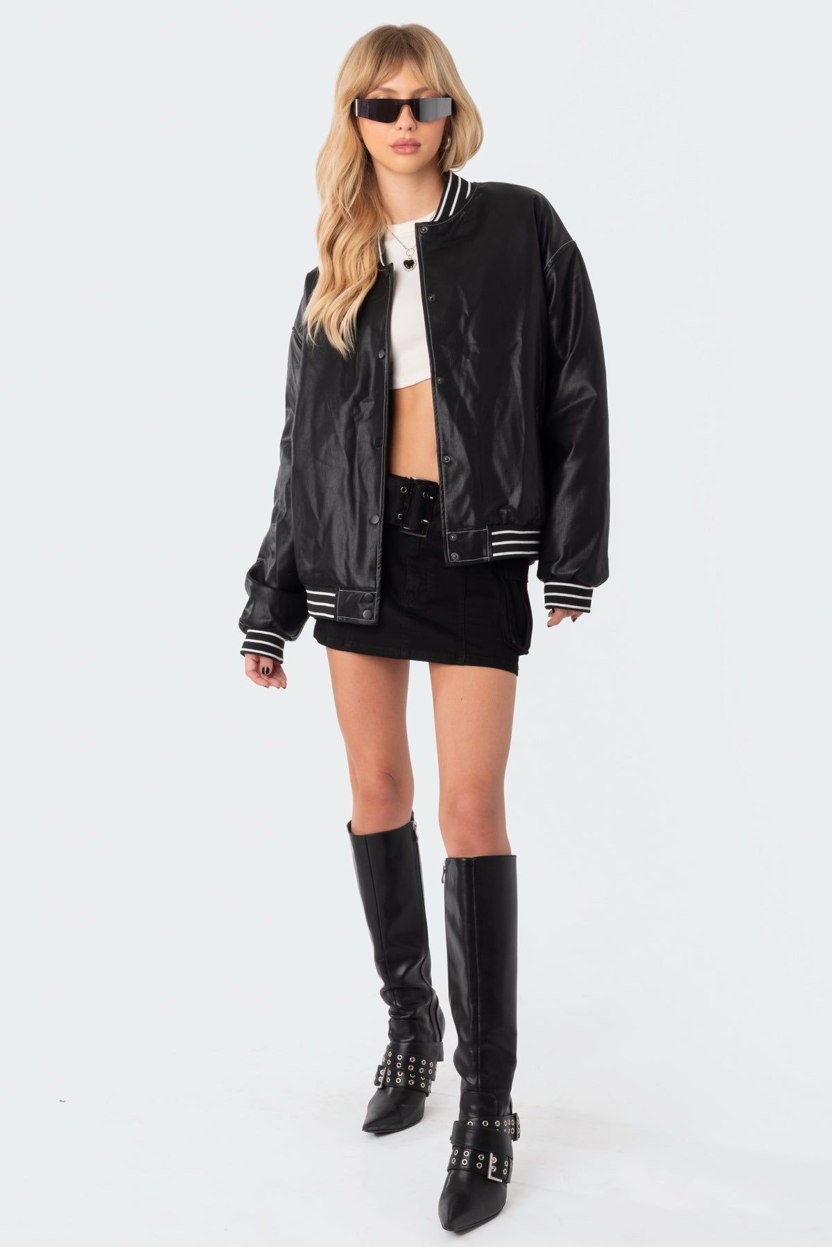 Maddox Faux Leather Bomber Jacket sold by Edikted