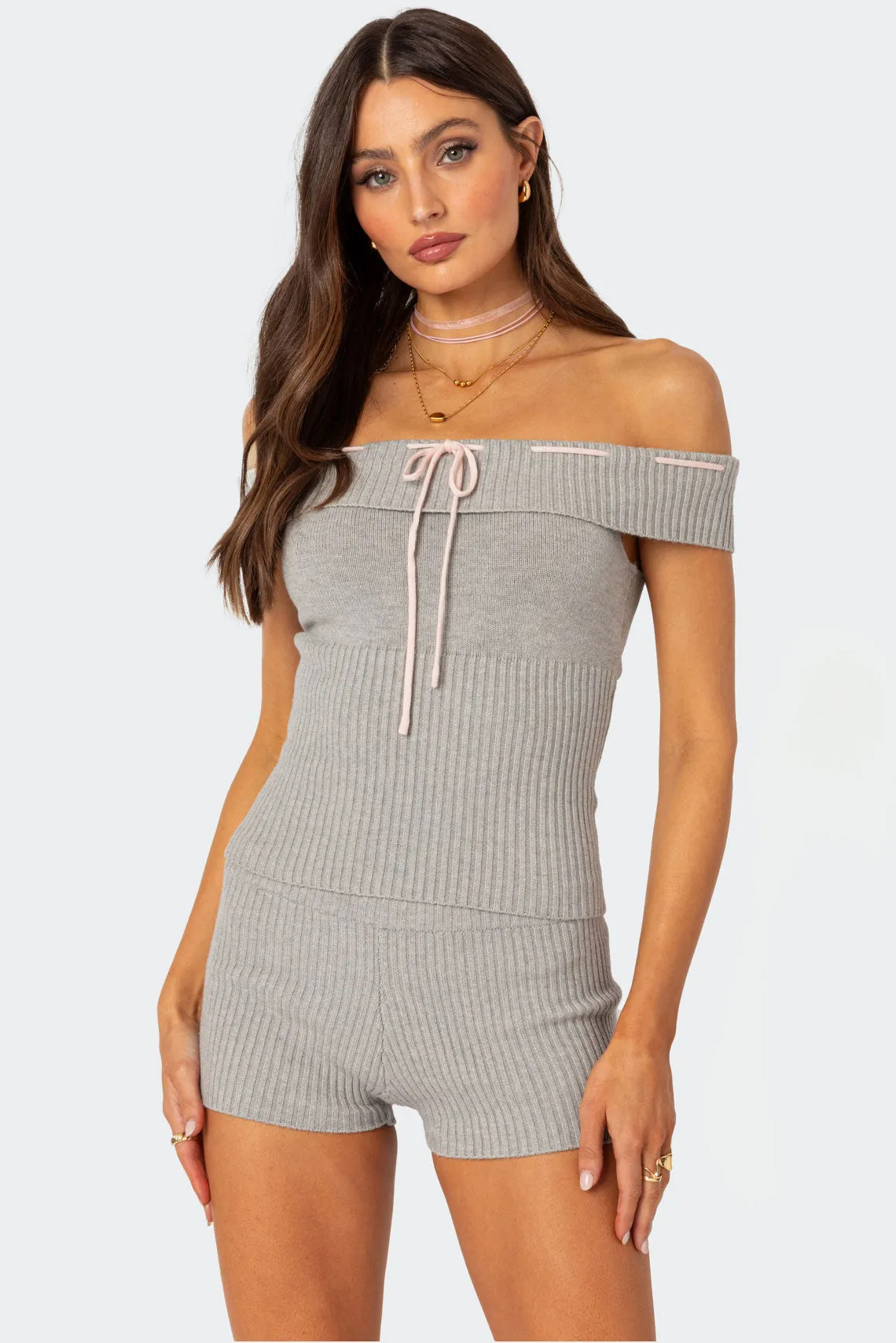 Bow Time Fold Over Knit Top sold by Edikted