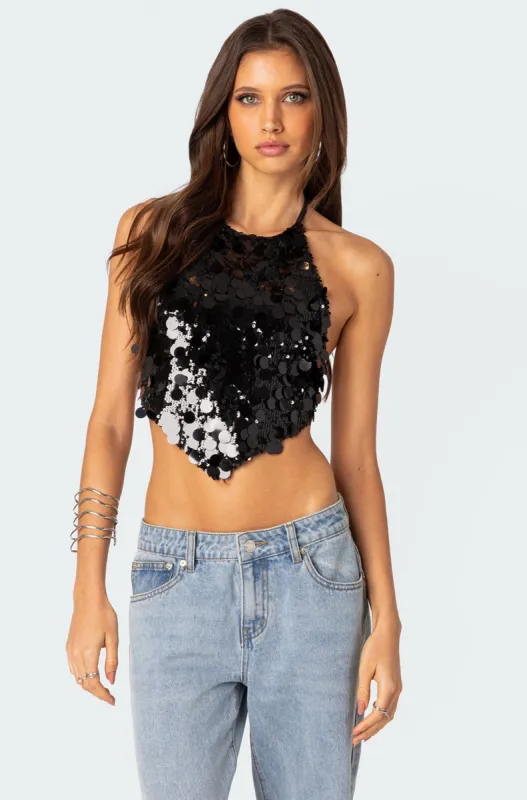 Caelia Sequin Open Back Top sold by Edikted