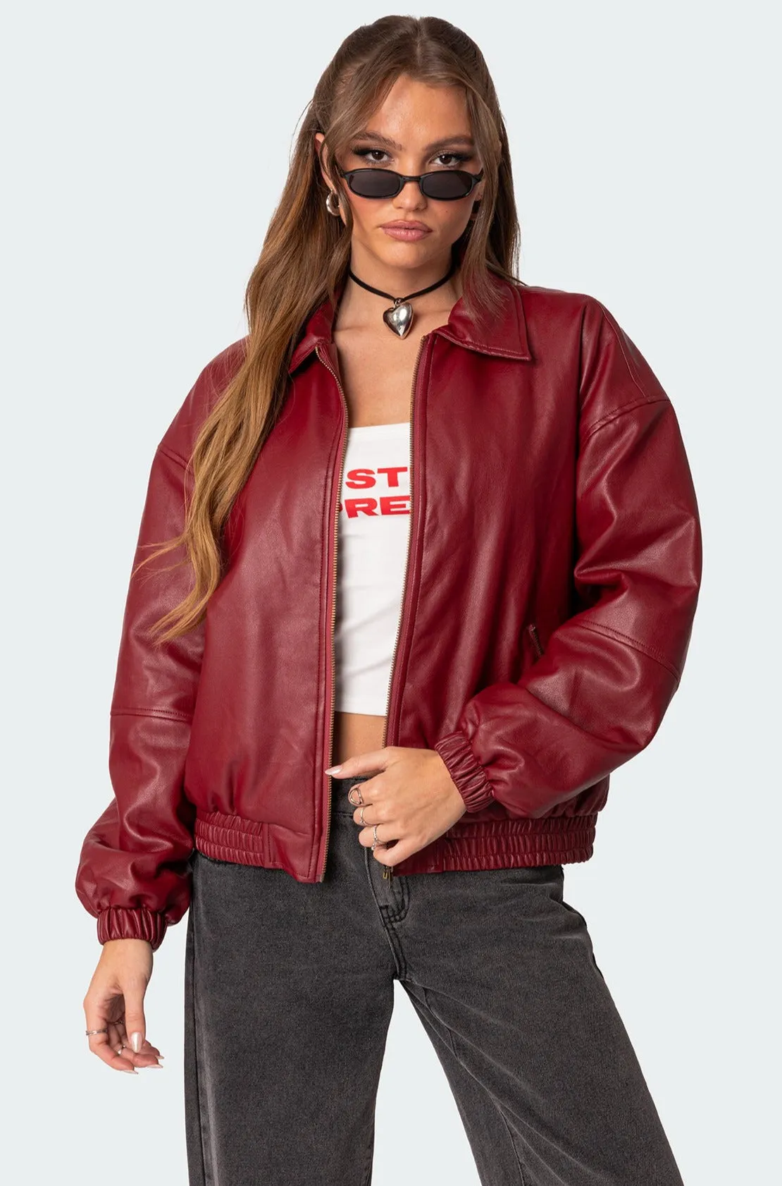 Halley Faux Leather Bomber Jacket sold by Edikted
