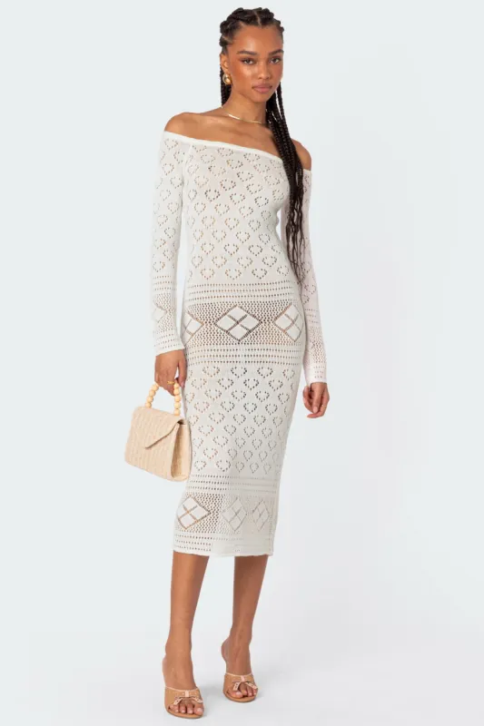 Lily Crochet Off Shoulder Midi Dress sold by Edikted