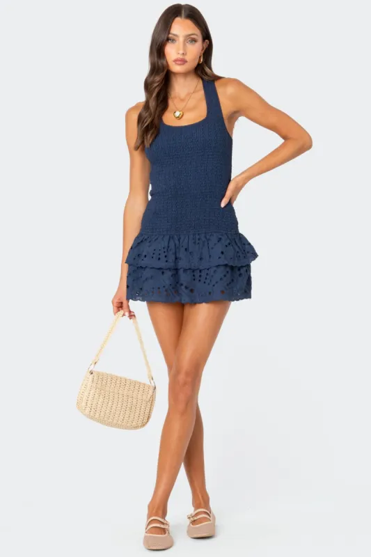 Scrunchy Ruffled Eyelet Mini Dress sold by Edikted