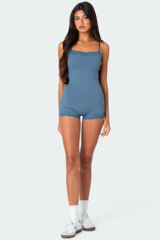 Mandi Lace Trim Romper sold by Edikted