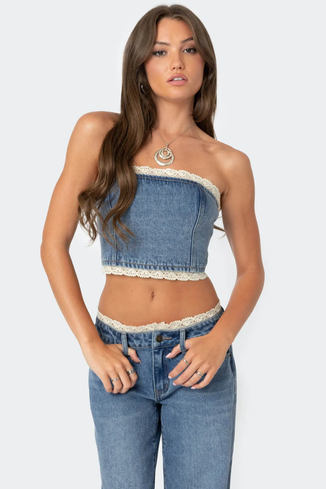 Karlie Lace Trim Denim Tube Top sold by Edikted