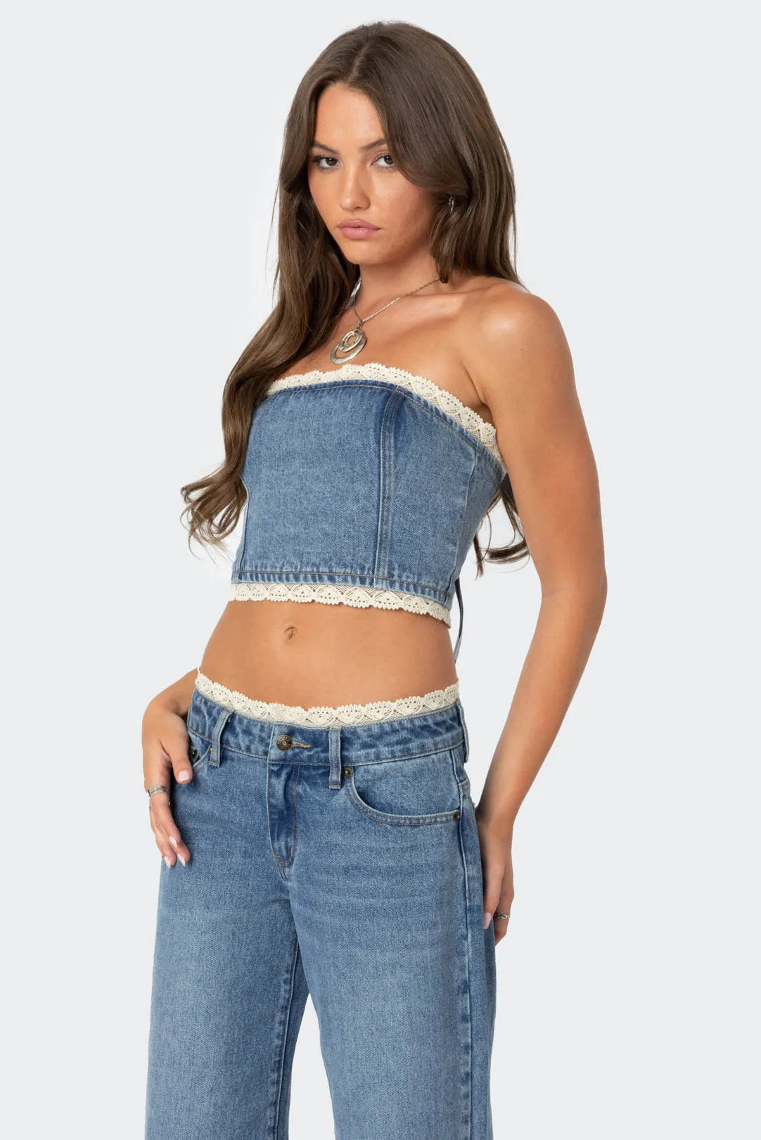 Karlie Lace Trim Denim Tube Top sold by Edikted product image thumbnail 3