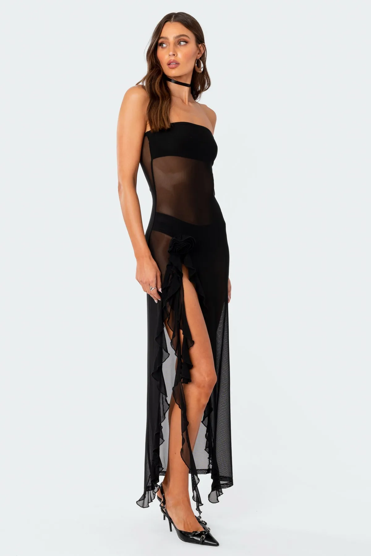 Suri Sheer Mesh Flower Pin Maxi Dress sold by Edikted product image thumbnail 4