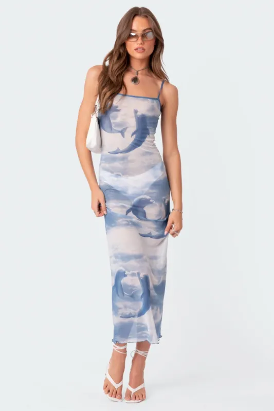 Dolphin Printed Sheer Mesh Maxi Dress sold by Edikted
