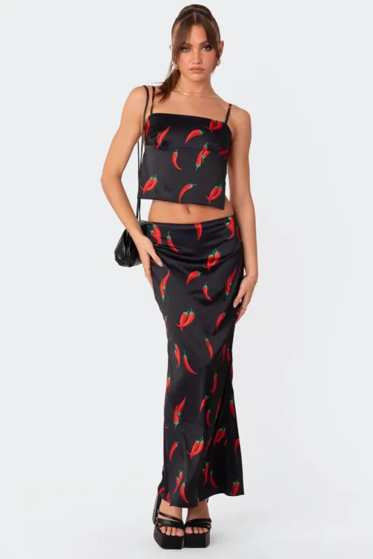 Chili Satin Low Rise Back Slitted Maxi Skirt sold by Edikted