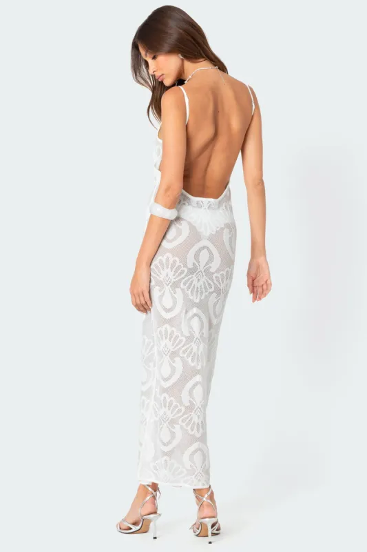 Embroidered Backless Sheer Knit Maxi Dress sold by Edikted