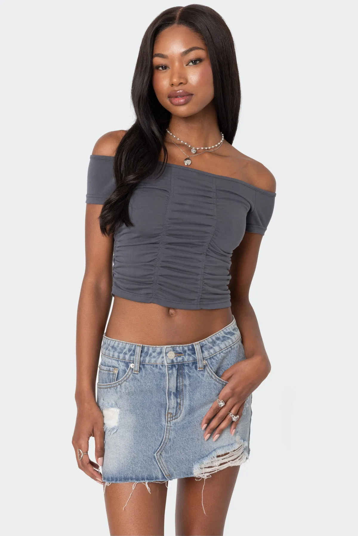 Triple Ruched Off Shoulder Top sold by Edikted