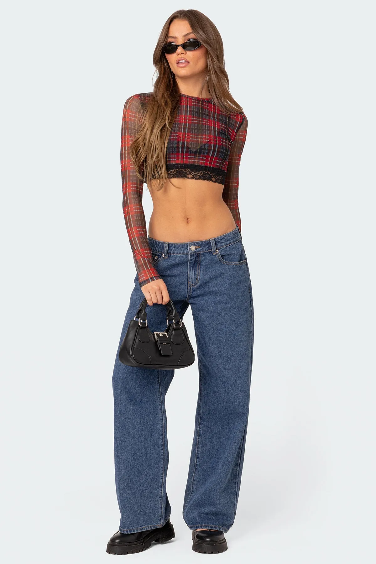 Noel Plaid Printed Mesh Crop Top sold by Edikted product image thumbnail 2