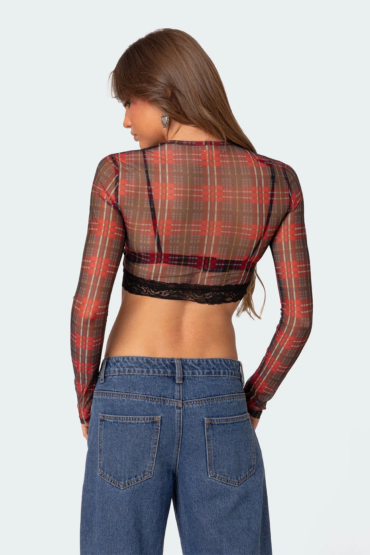 Noel Plaid Printed Mesh Crop Top sold by Edikted product image thumbnail 4