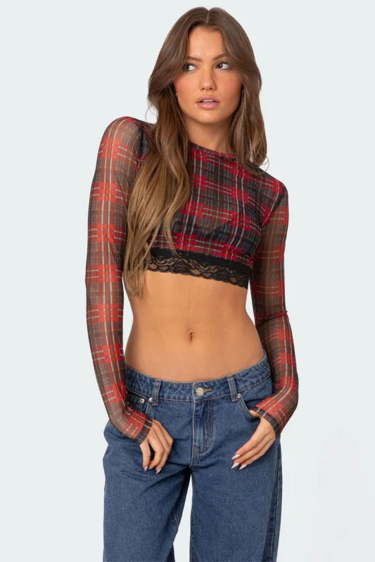 Noel Plaid Printed Mesh Crop Top sold by Edikted