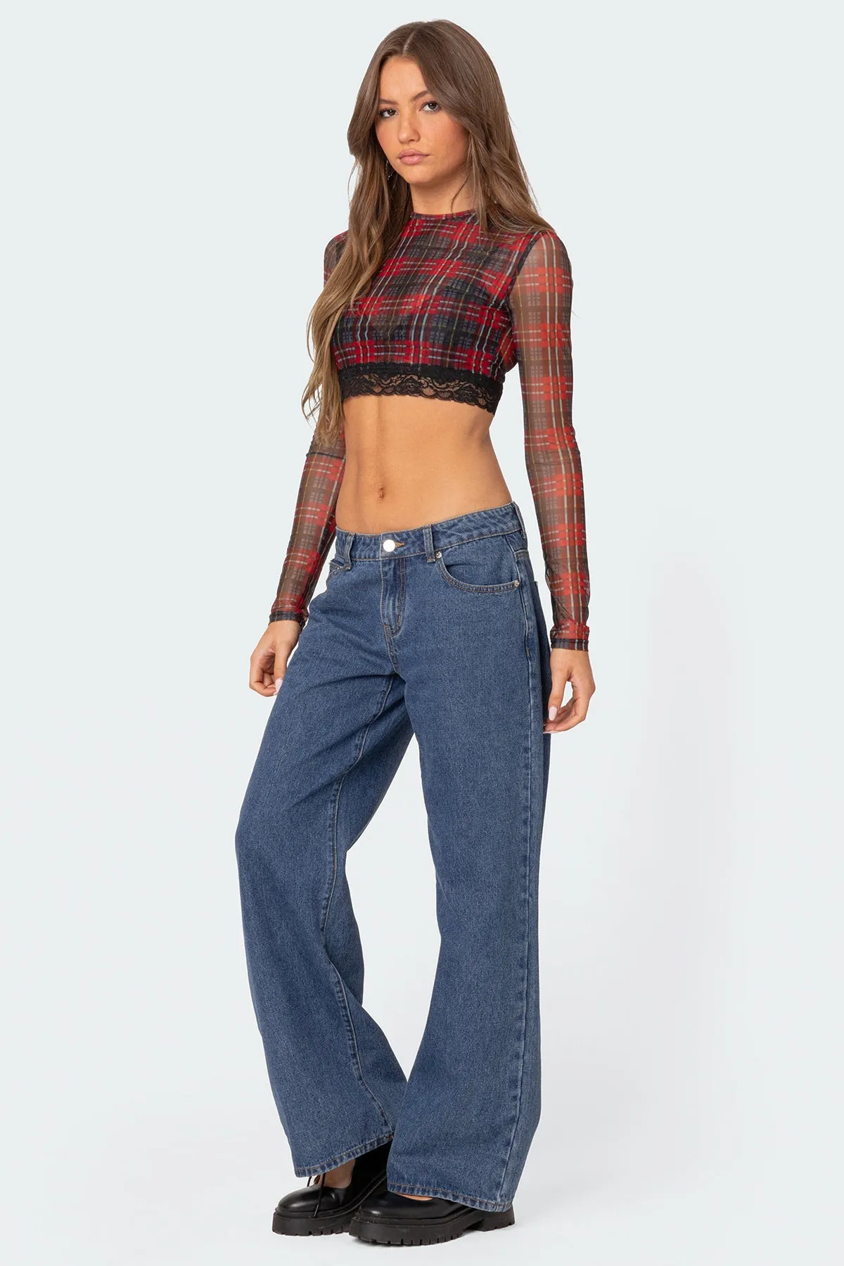 Noel Plaid Printed Mesh Crop Top sold by Edikted product image thumbnail 5