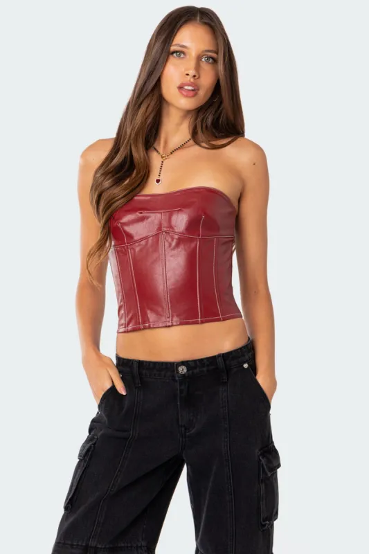 Moss Faux Leather Lace Up Corset sold by Edikted