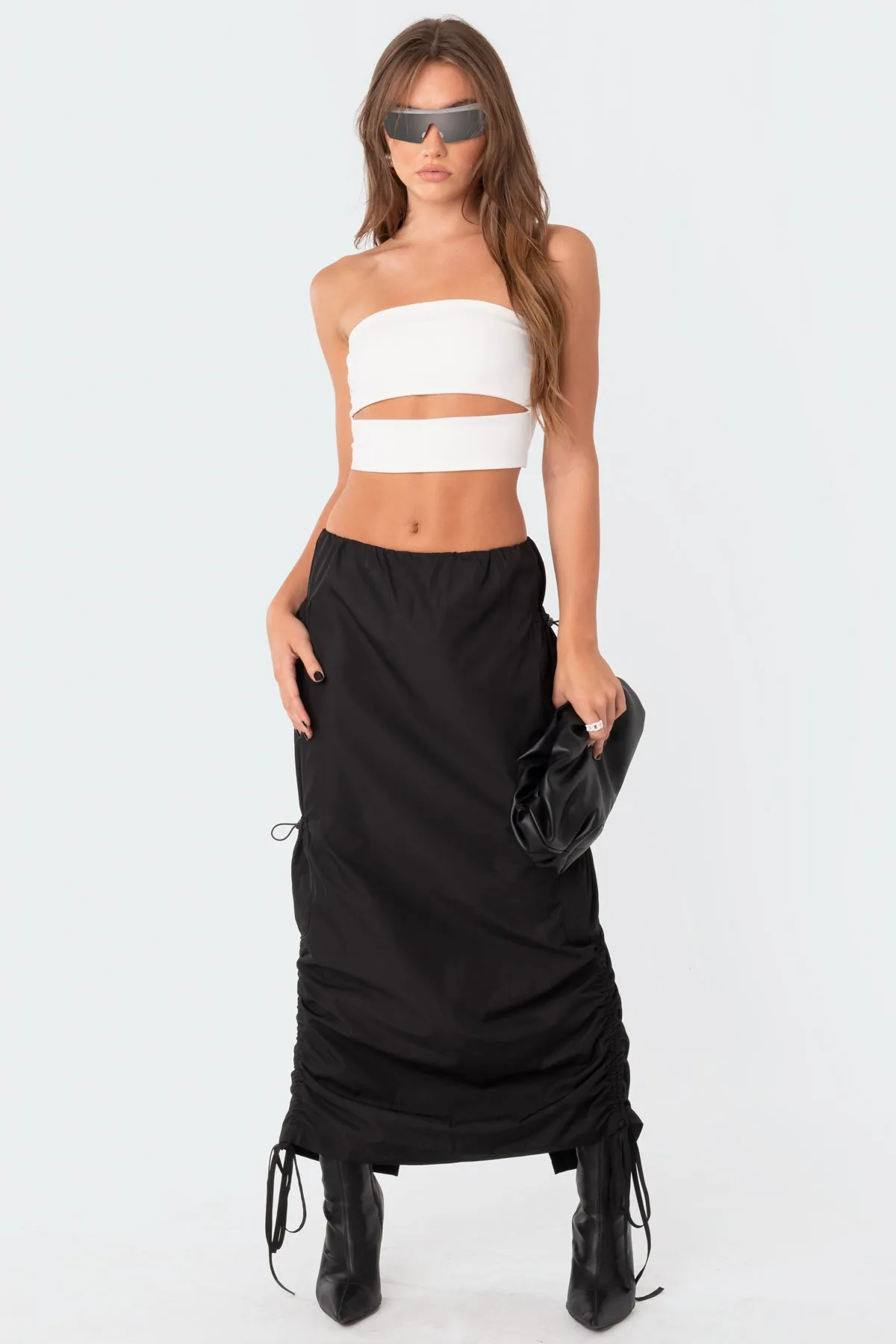 Low-Rise Slitted Nylon Maxi Skirt sold by Edikted