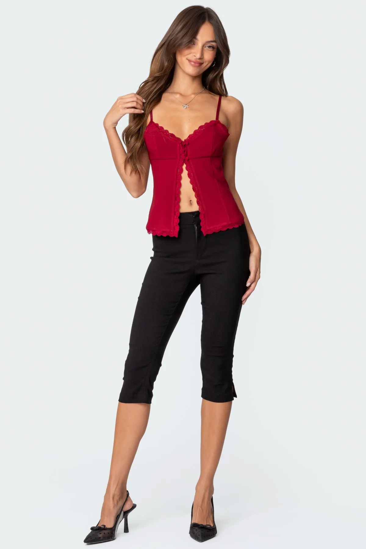 Crimson Lacey Split Front Top sold by Edikted product image thumbnail 4