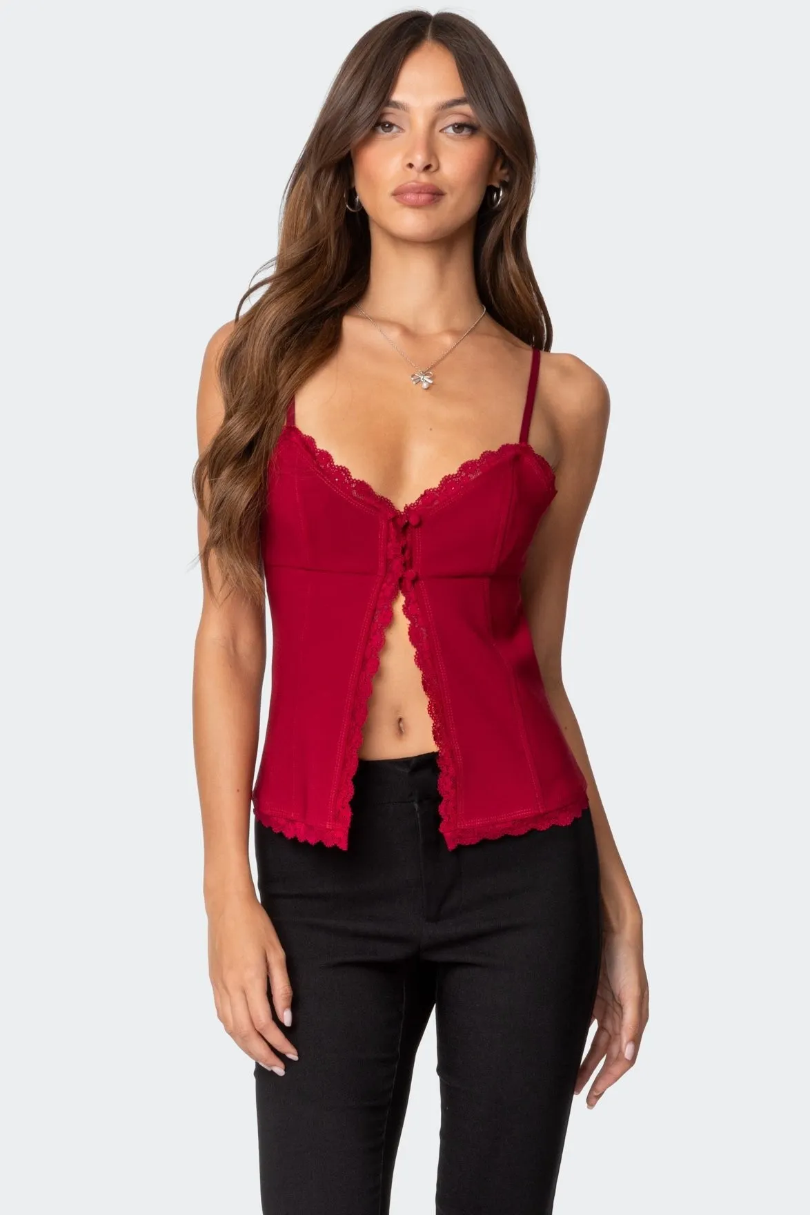 Crimson Lacey Split Front Top sold by Edikted