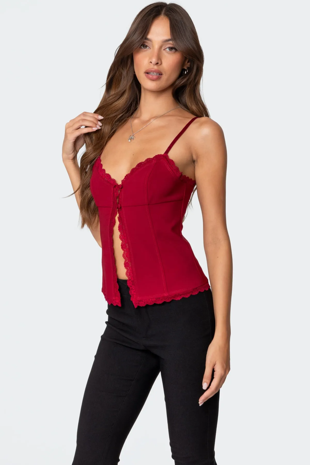 Crimson Lacey Split Front Top sold by Edikted product image thumbnail 3