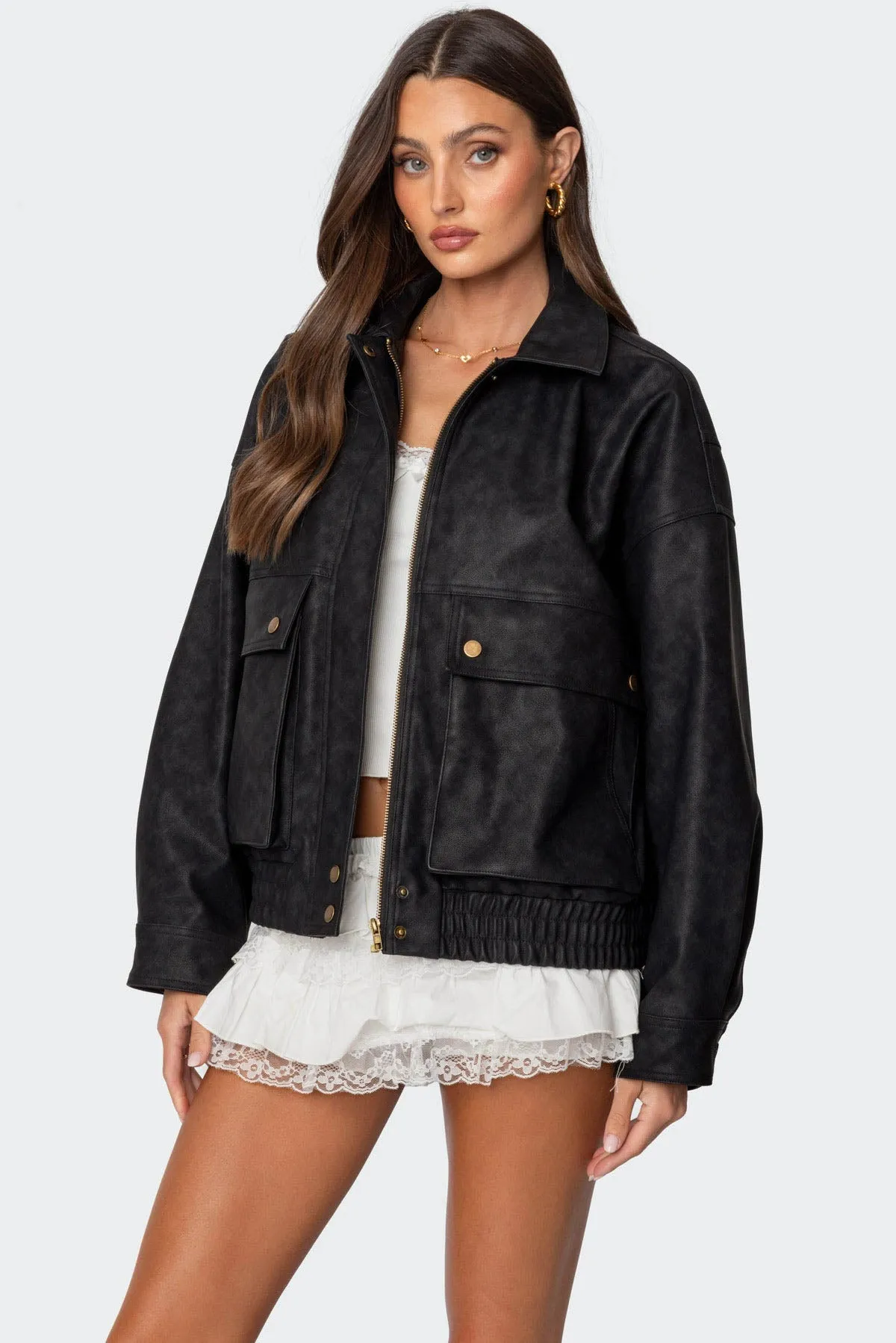 Cargo Faux Leather Bomber Jacket sold by Edikted product image thumbnail 3