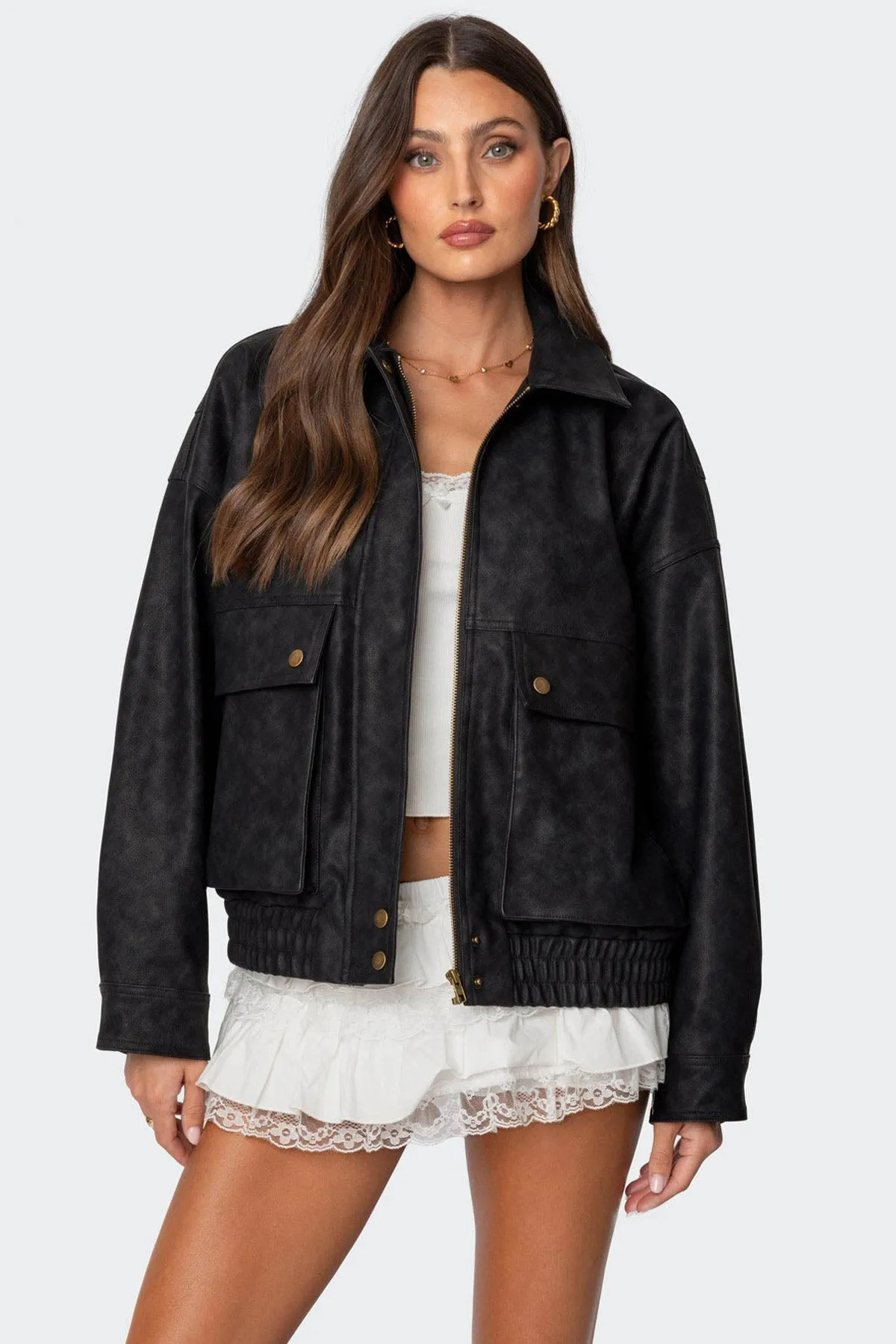 Cargo Faux Leather Bomber Jacket sold by Edikted