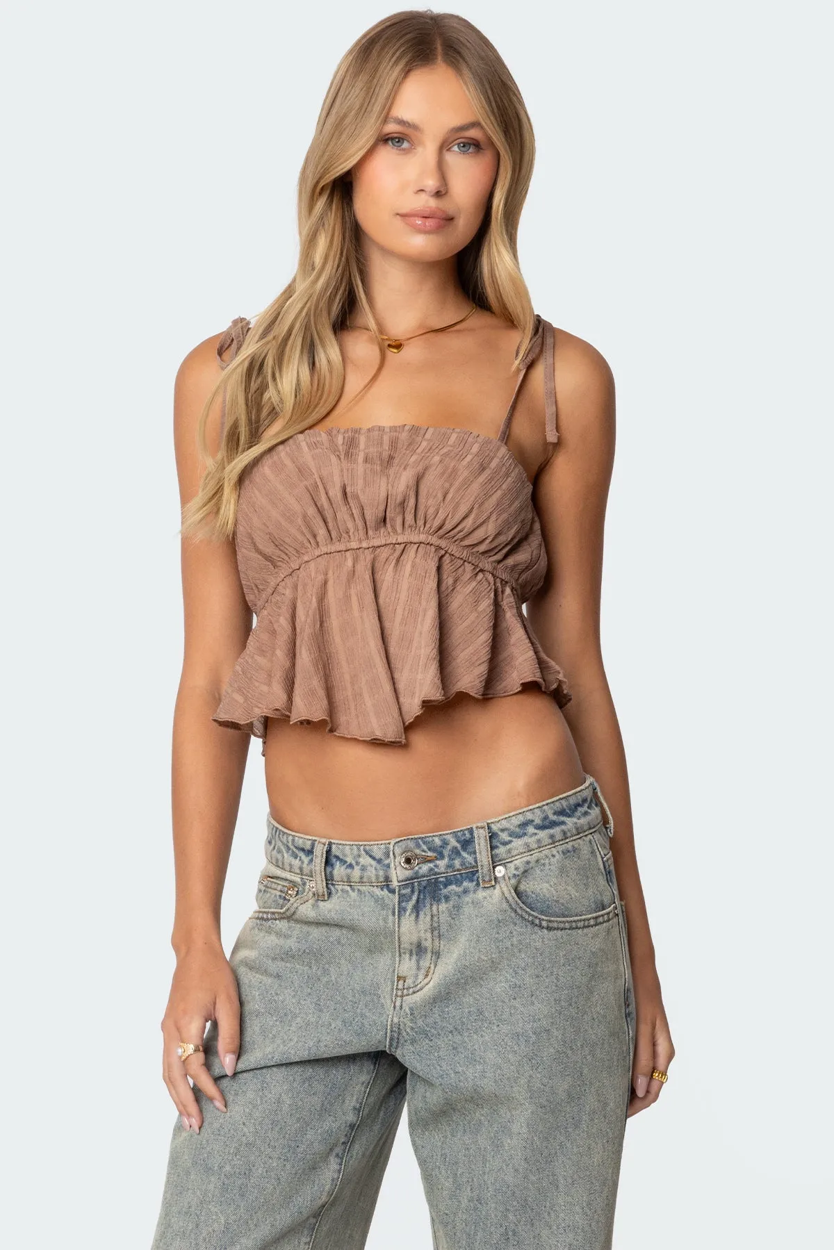 Rylie Textured Chiffon Flare Top sold by Edikted