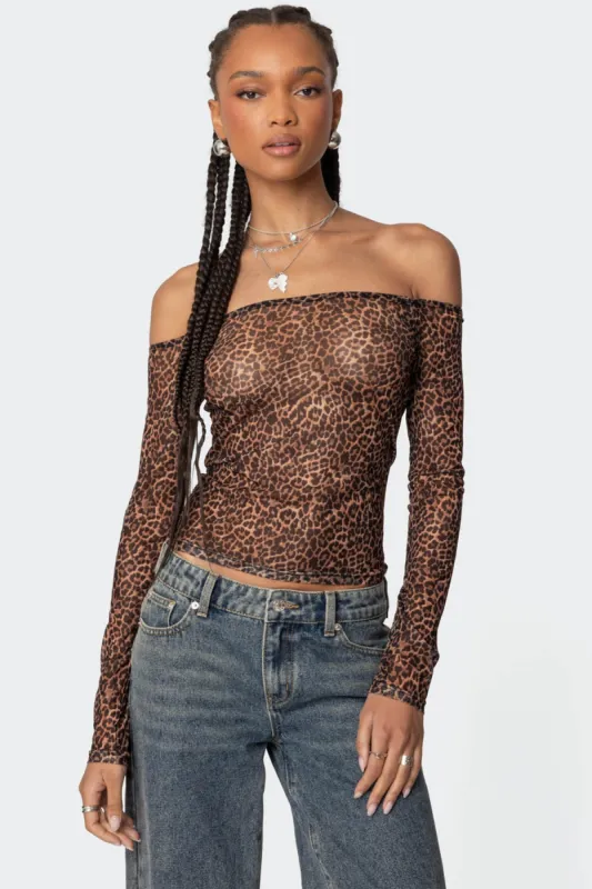 Leopard Sheer Mesh Off Shoulder Top sold by Edikted