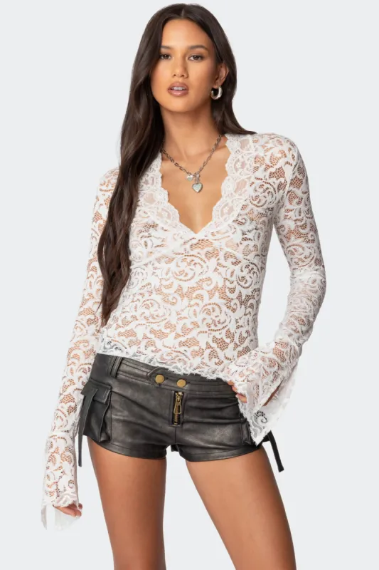 Sheer Lace Bell Sleeve Top sold by Edikted