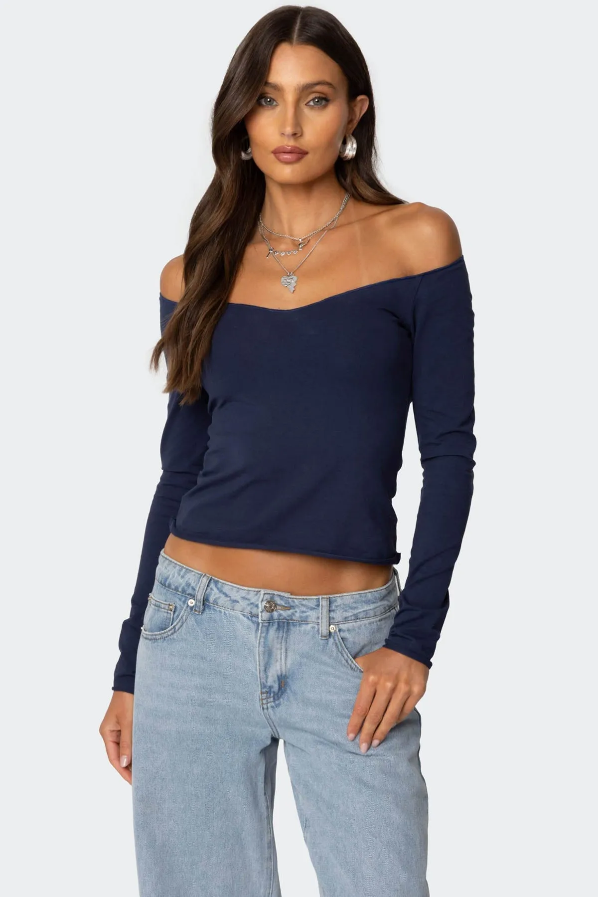 Nattie Off Shoulder V Neck Top sold by Edikted