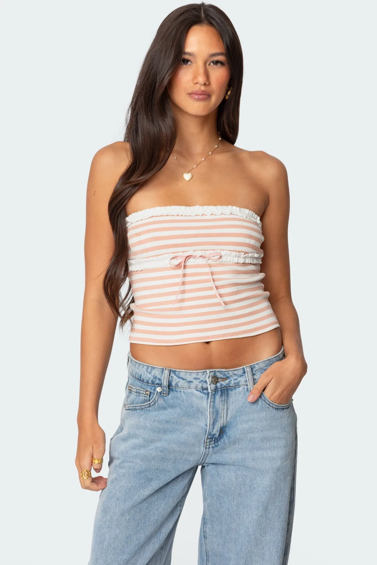 Striped Eyelet Trim Tube Top sold by Edikted