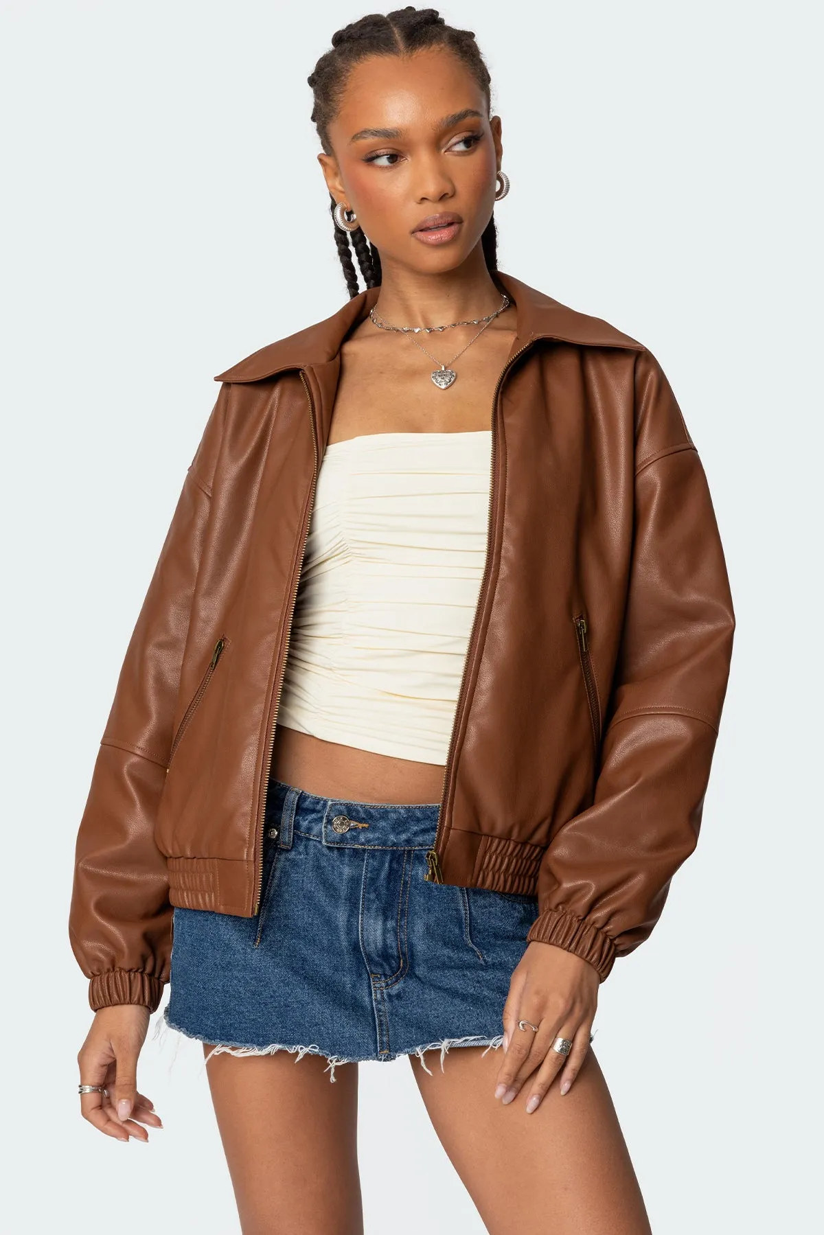 Halley Faux Leather Bomber Jacket sold by Edikted