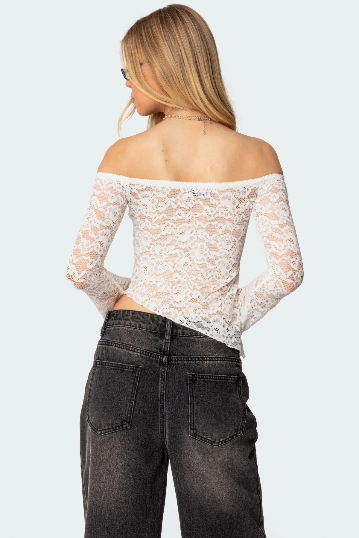 Asymmetric Sheer Lace Off Shoulder Top sold by Edikted product image thumbnail 4