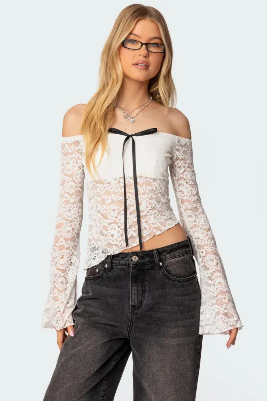 Asymmetric Sheer Lace Off Shoulder Top sold by Edikted