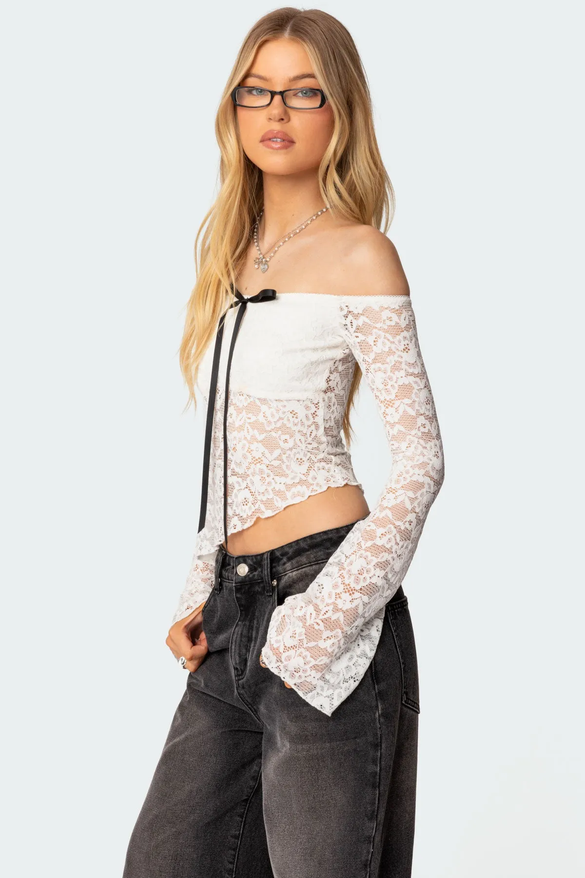 Asymmetric Sheer Lace Off Shoulder Top sold by Edikted product image thumbnail 3