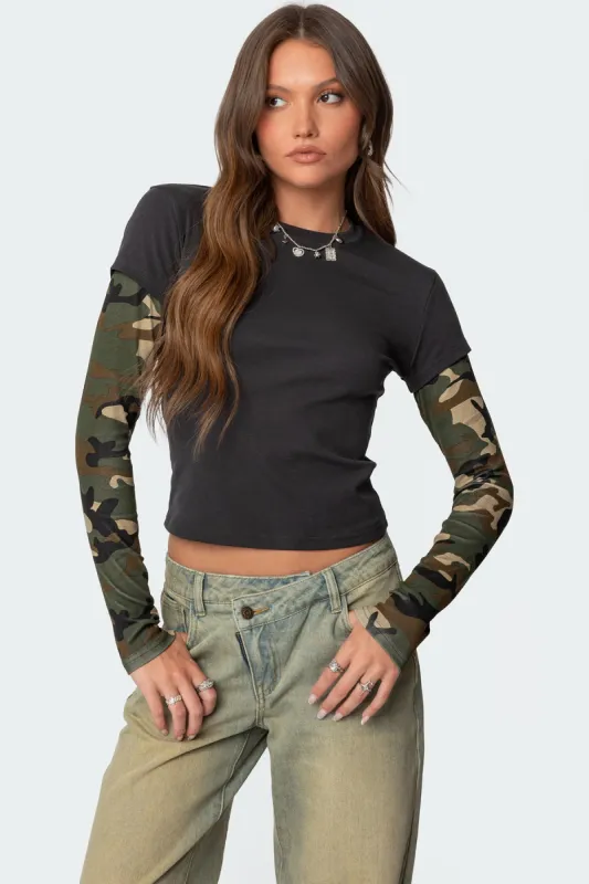 Camo Layered Long Sleeve T Shirt sold by Edikted