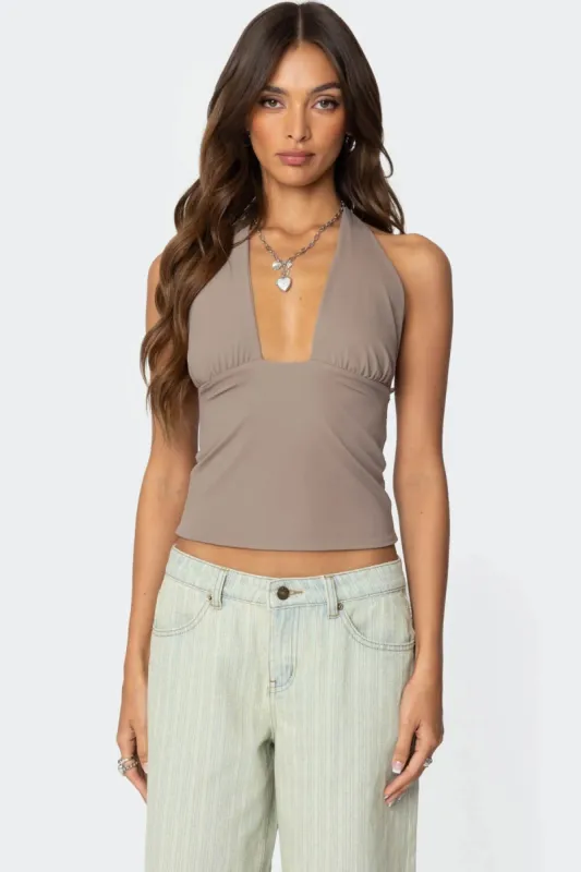 Mila Plunge Neck Halter Top sold by Edikted