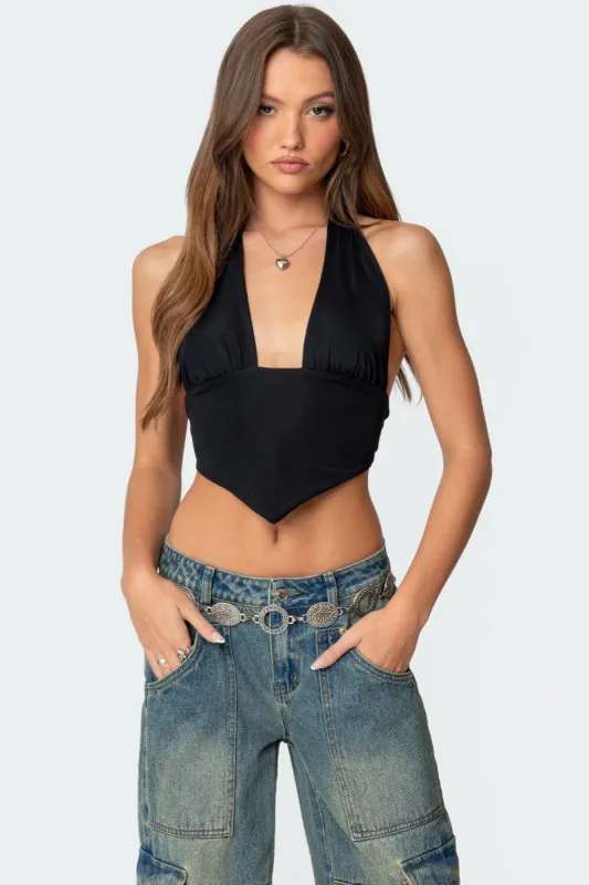 Open Back Triangle Halter Top sold by Edikted
