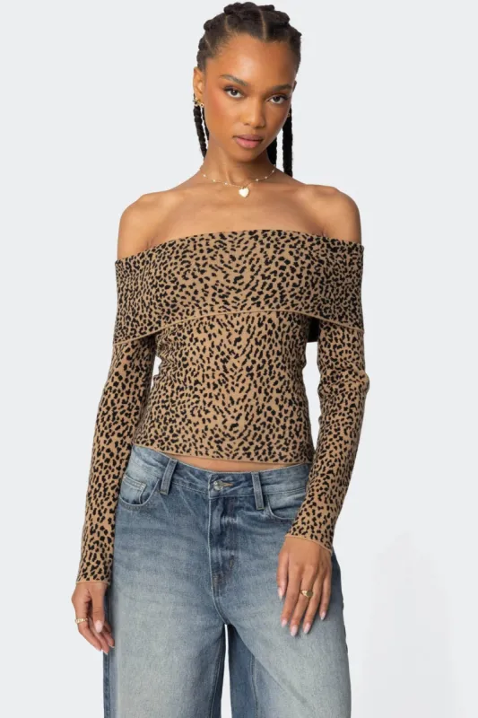 Leopard Printed Fold Over Knit Top sold by Edikted
