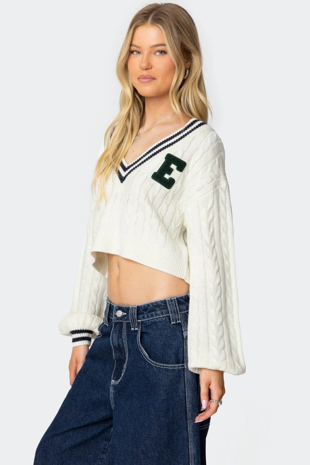 Collegiate Cropped Cable Knit Sweater sold by Edikted product image thumbnail 3