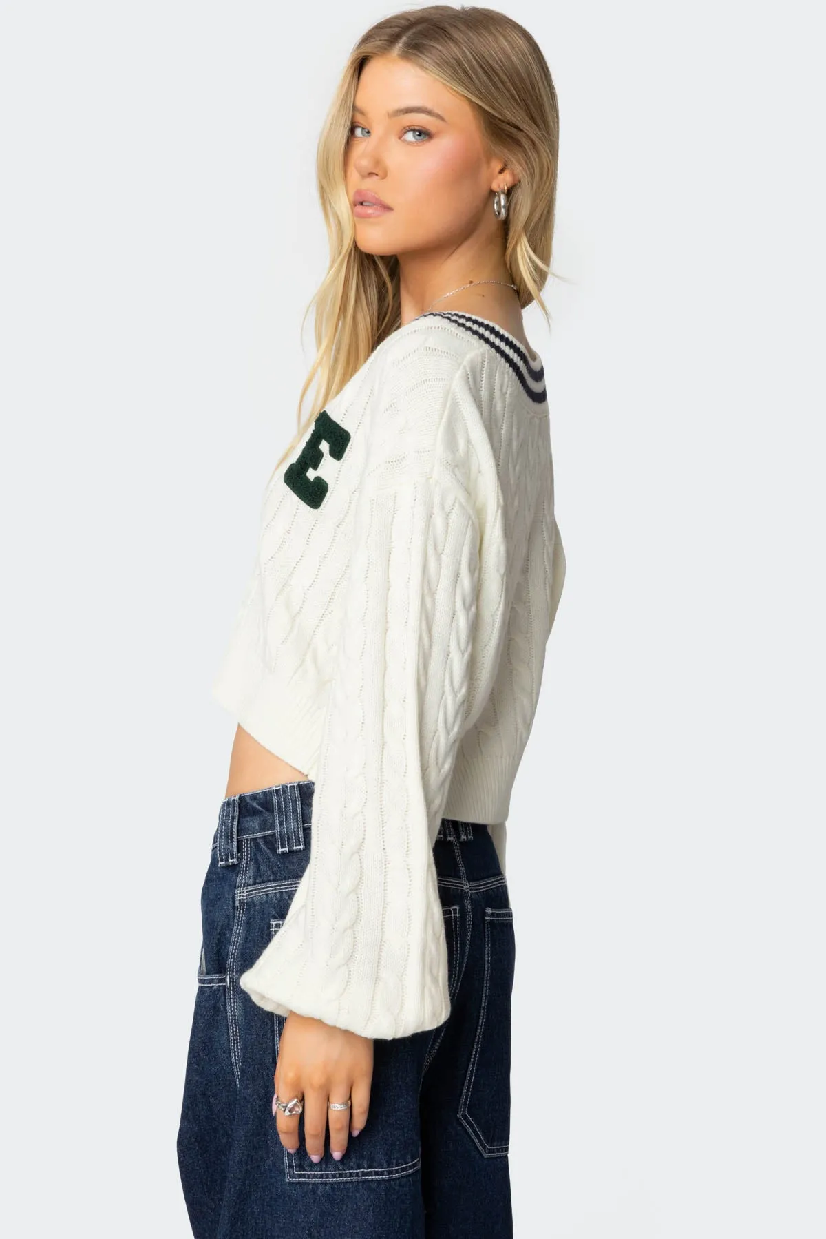 Collegiate Cropped Cable Knit Sweater sold by Edikted product image thumbnail 5