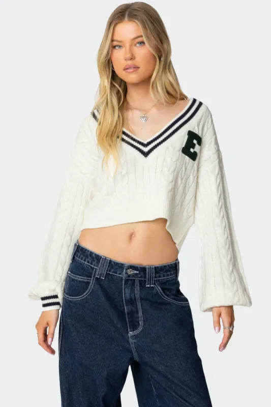 Collegiate Cropped Cable Knit Sweater sold by Edikted