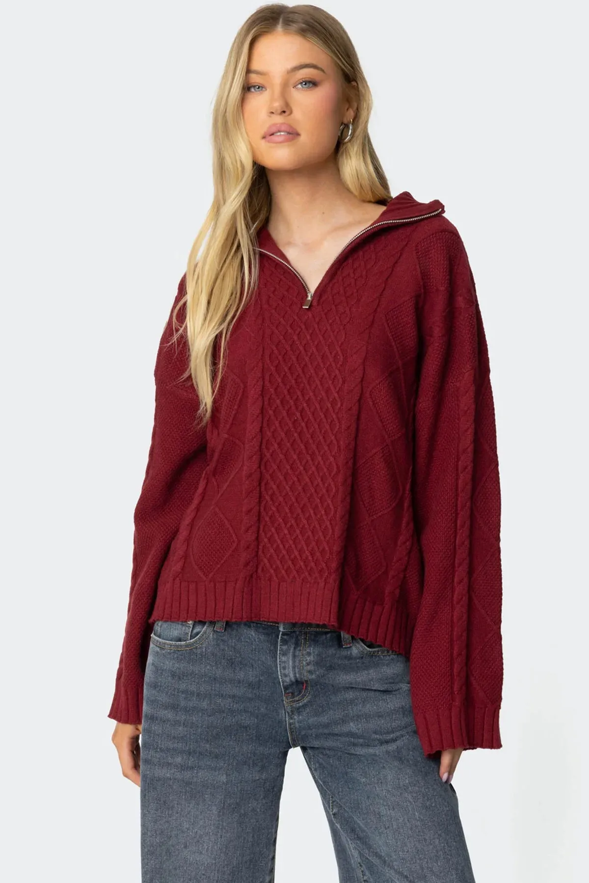 Oversized Quarter Zip Cable Knit Sweater sold by Edikted