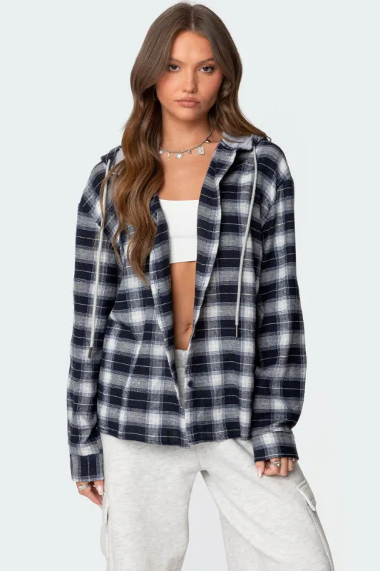 Plaid Hooded Button Up Shirt sold by Edikted