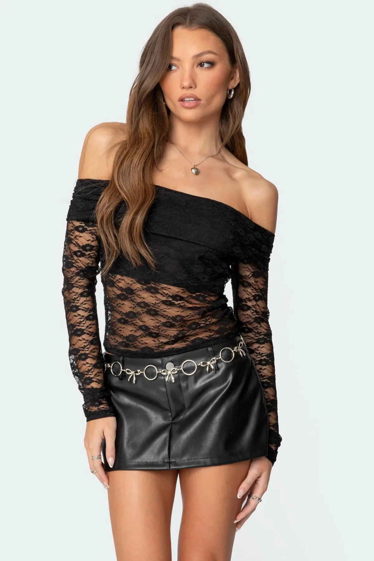 Elysia Fold Over Sheer Lace Top sold by Edikted