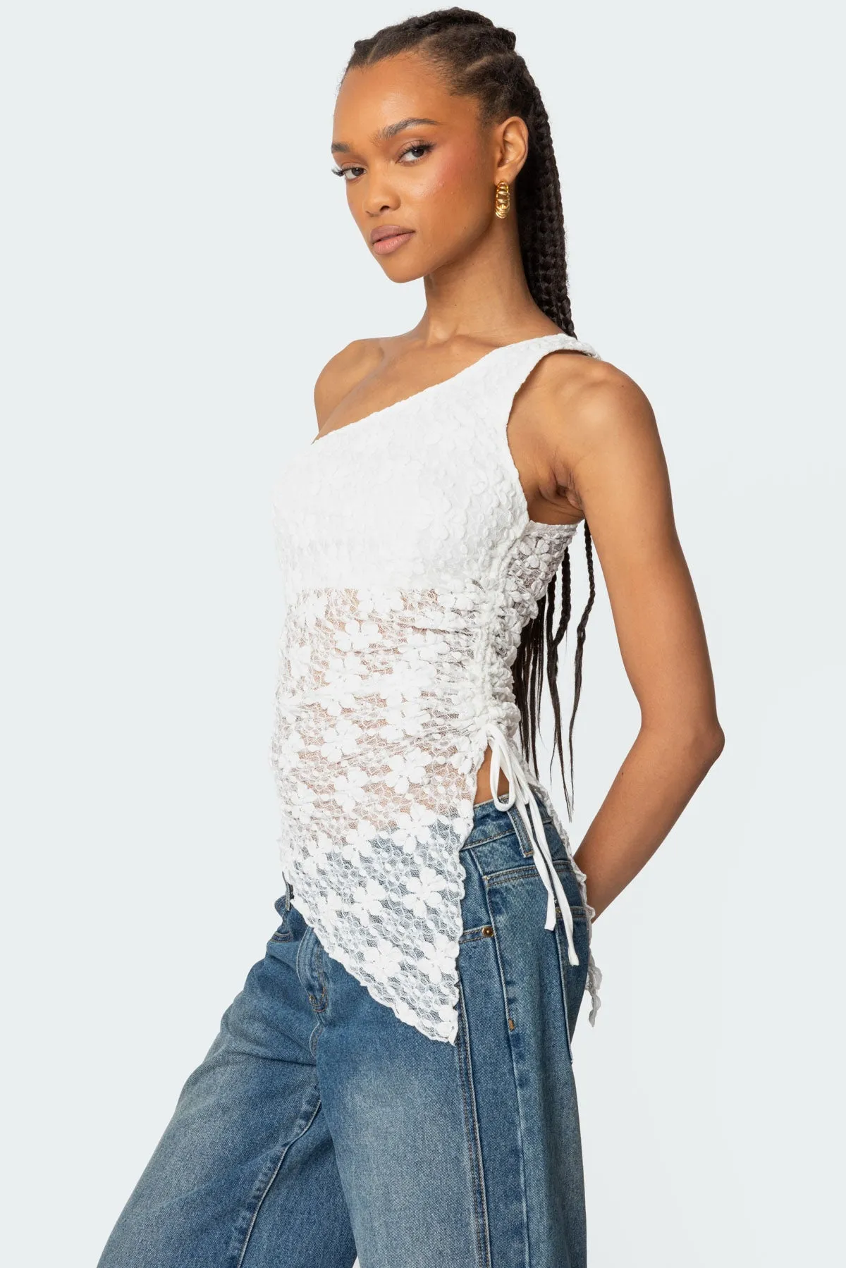 Lacey Sheer Asymmetric Drawstring Top sold by Edikted product image thumbnail 2