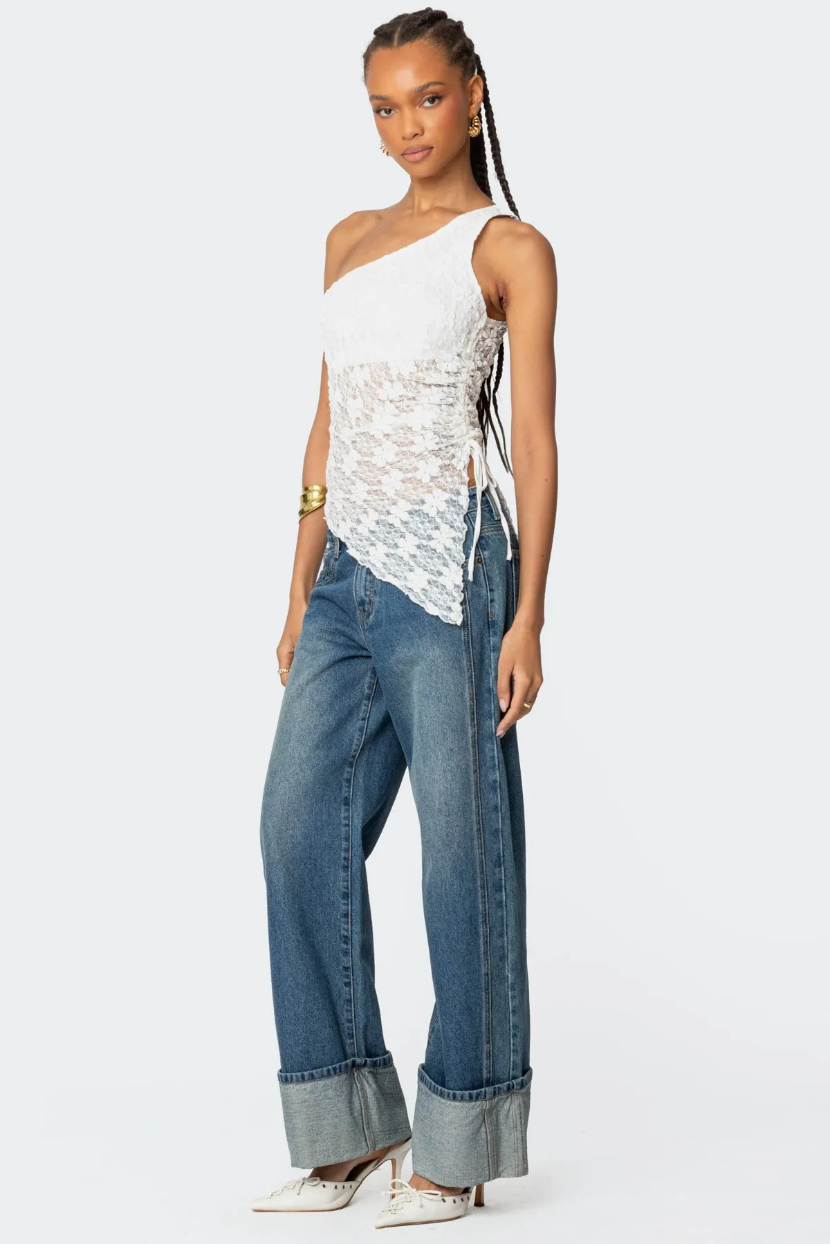 Lacey Sheer Asymmetric Drawstring Top sold by Edikted product image thumbnail 3