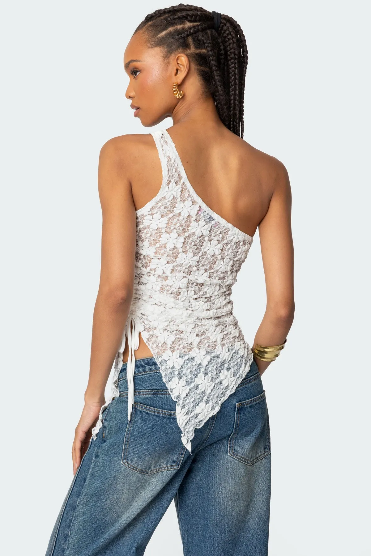 Lacey Sheer Asymmetric Drawstring Top sold by Edikted product image thumbnail 4