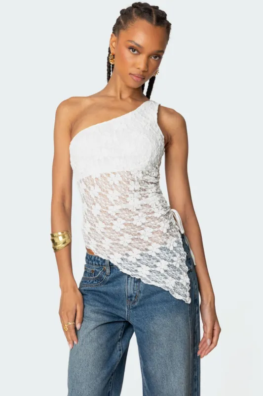 Lacey Sheer Asymmetric Drawstring Top sold by Edikted